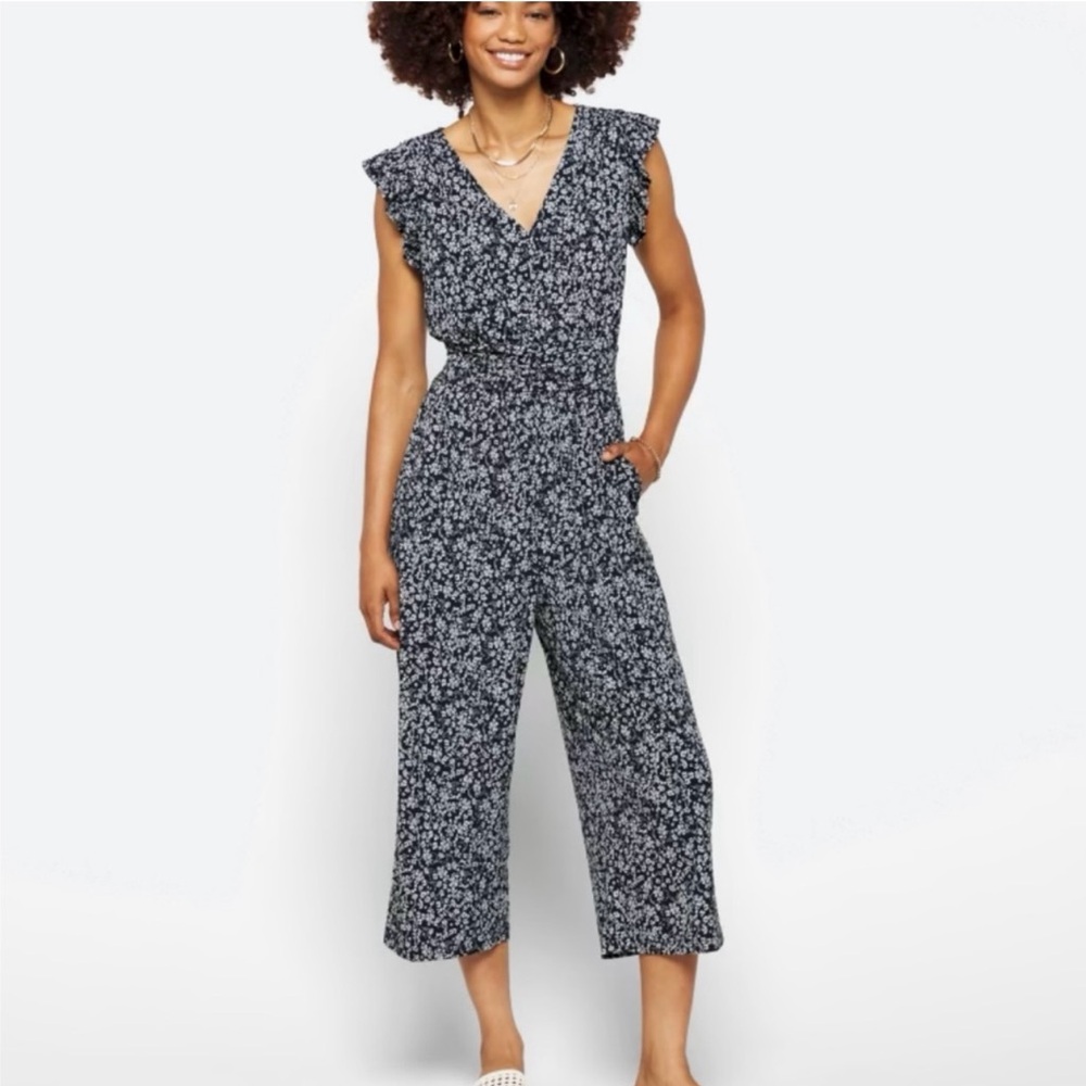 Navy and White Wide Leg Ruffle sleeve Jumpsuit